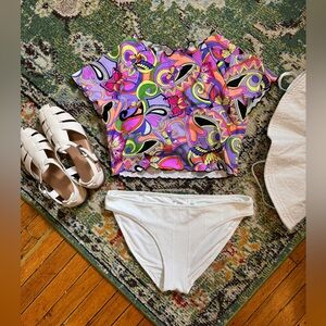 Colorful Patterned Top and White Bikini Bottom